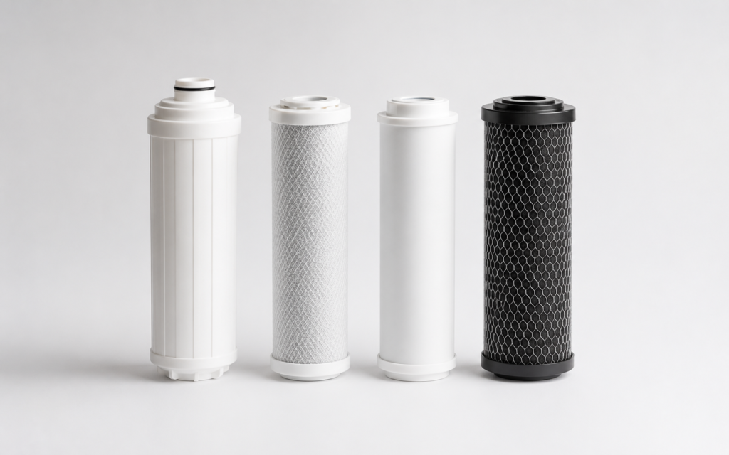 Buying guide for water purifier — close-up of replacement filter cartridges and carbon blocks.