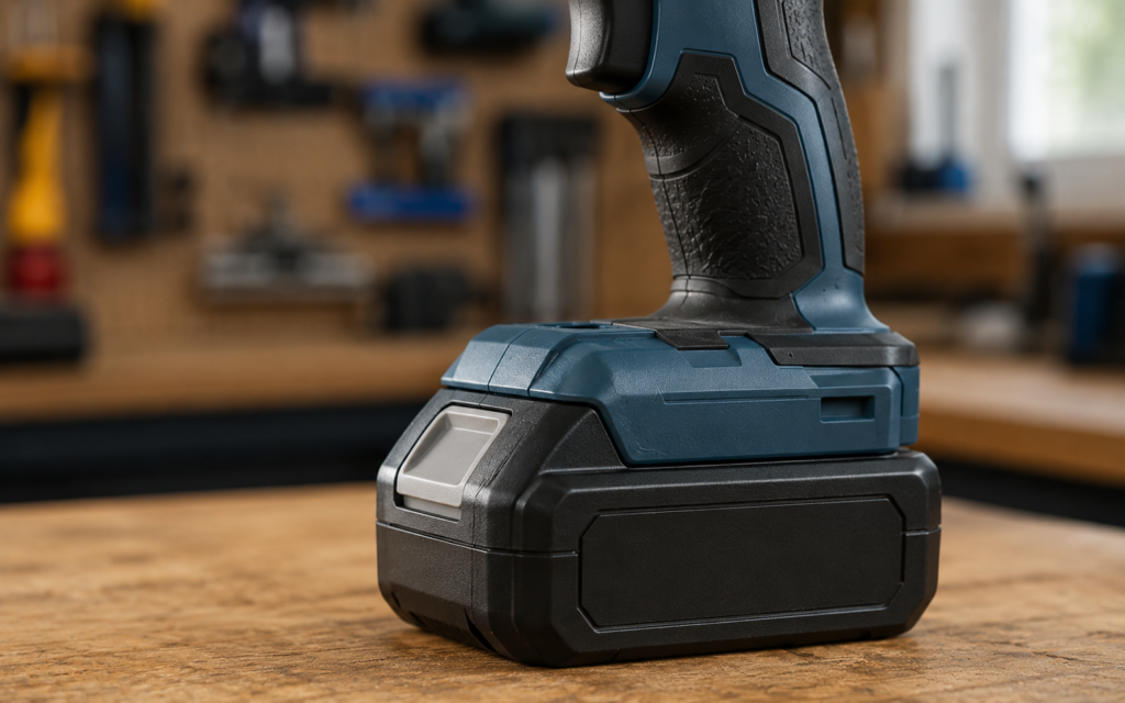 Close-up image of a generic lithium-ion battery attached to a brushless power drill.
