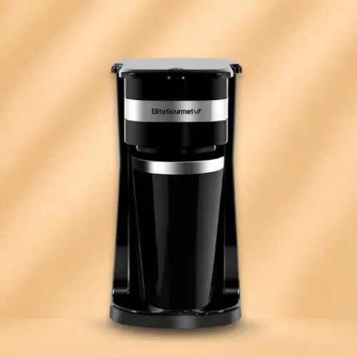 Elite Gourmet compact single serve coffee maker under $50 with travel mug