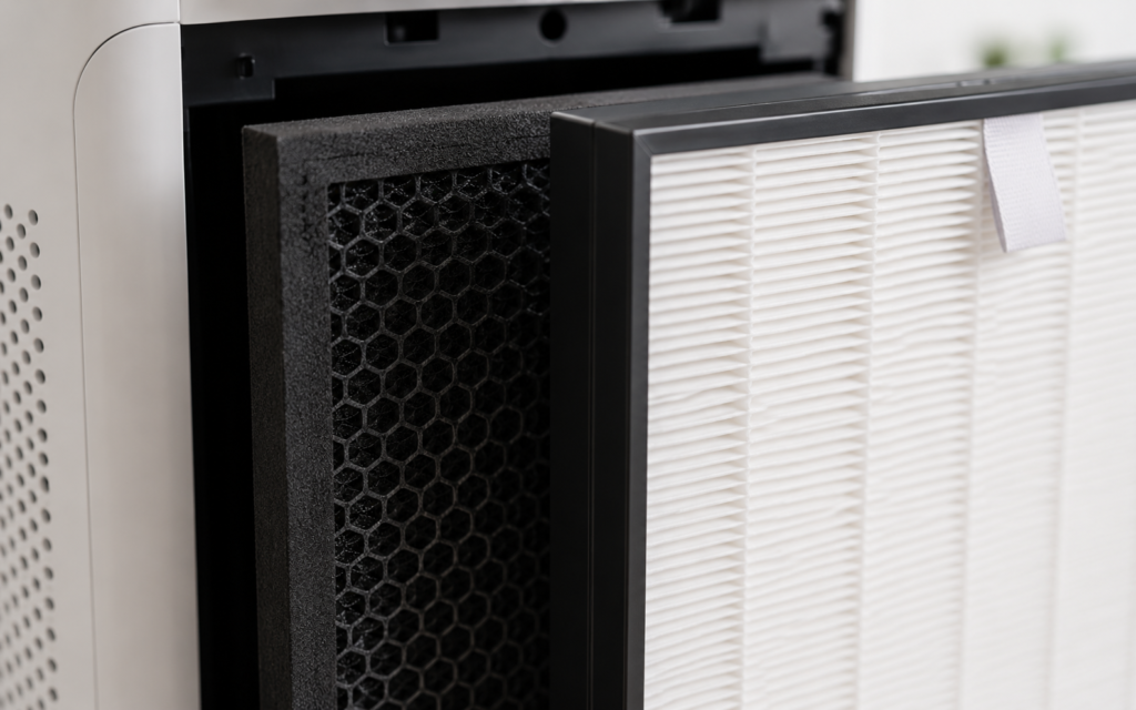 Close up on a clean pleated HEPA filter and a black carbon filter for an air purifier.