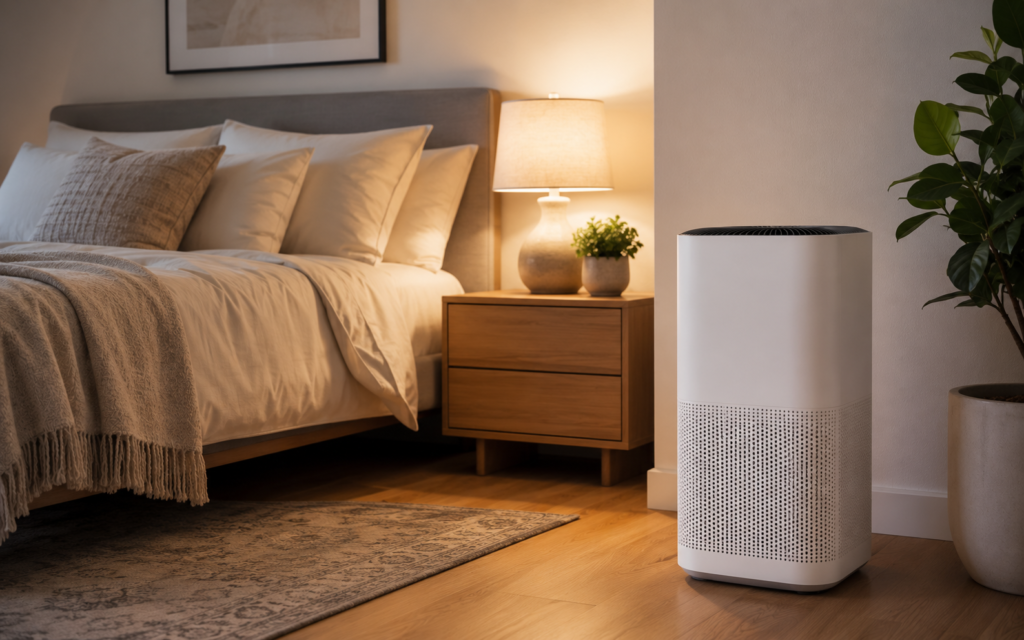 A quiet air purifier running next to a cozy bed in a modern bedroom.