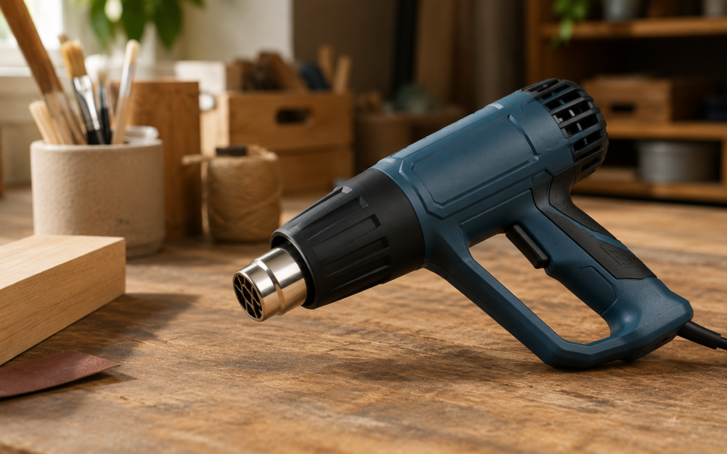 A generic heat gun on a wooden crafting table of DIY supplies