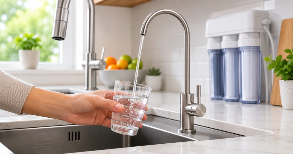Buying guide for water purifier — a glass of fresh filtered water on a kitchen counter.