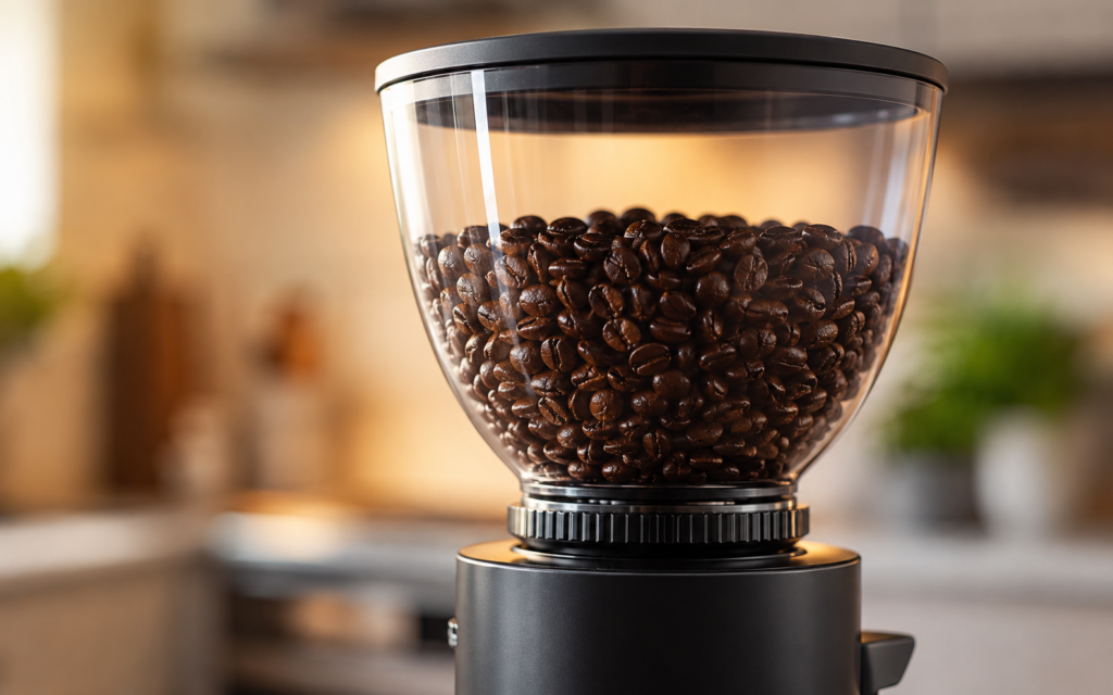 Coffee maker buying guide — close-up of a coffee grinder bean hopper full of roasted beans.