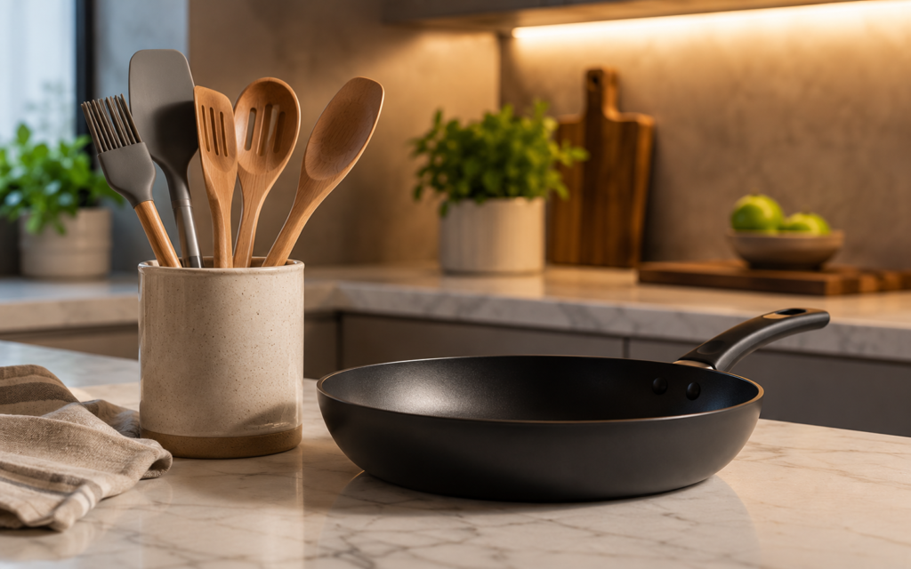 Coffee maker buying guide — clean kitchen counter with safe cooking utensils and a modern pan.