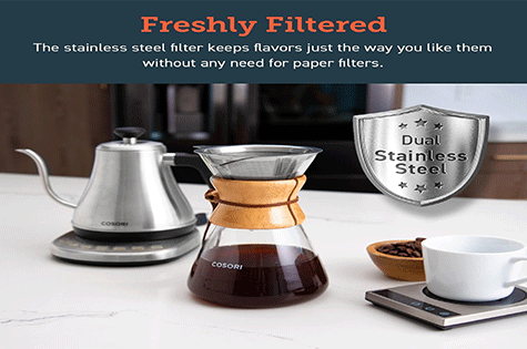 COSORI Pour Over Coffee Maker with Double Layer Stainless Steel Filter