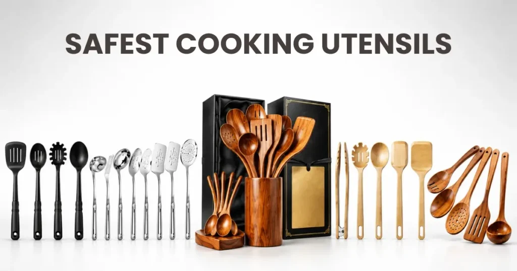 safest cooking utensils set displayed together for a healthy kitchen
