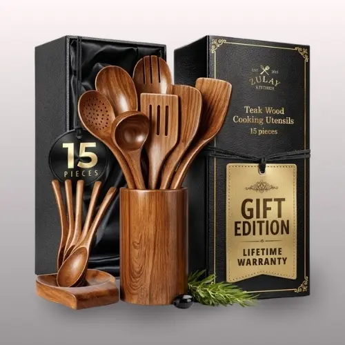 Zulay Kitchen 15-piece teak wood utensil set with gift box