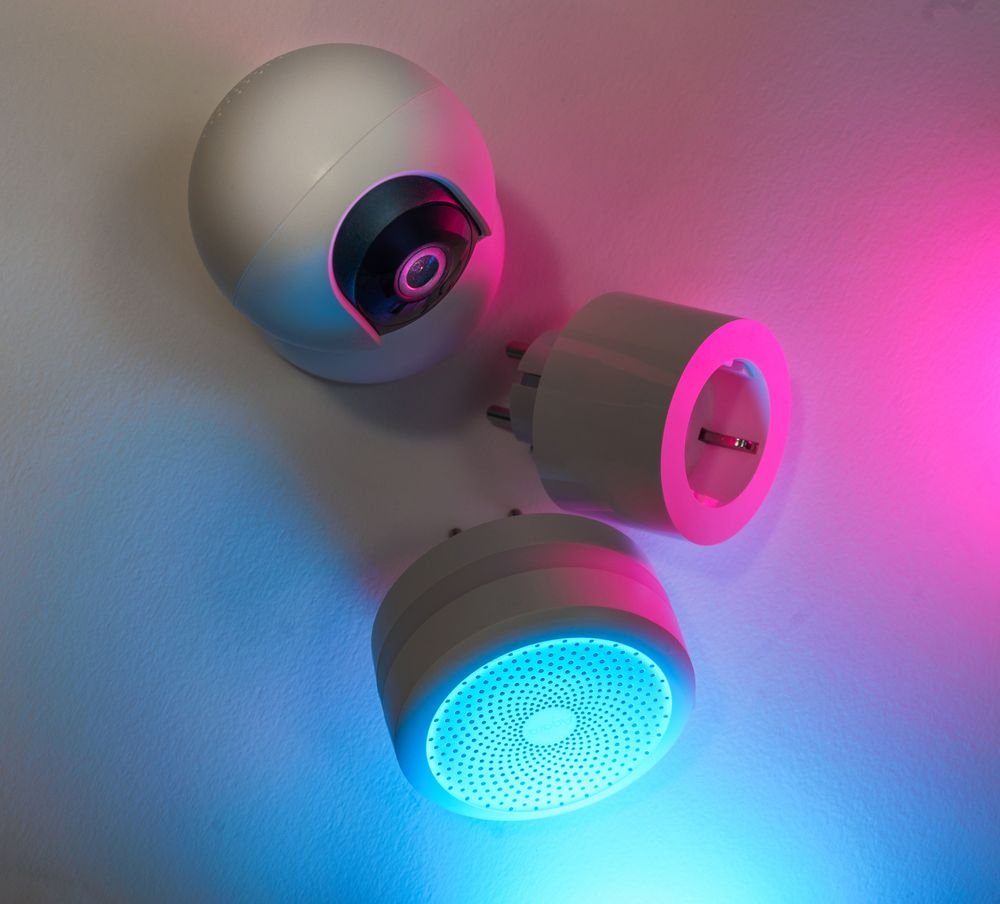 Smart home devices illuminated indoors